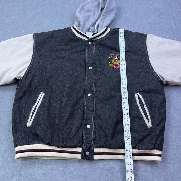 VTG Mickey Mouse True Varsity Jacket XL‎ Black/Tan Disney Bomber 90s Hooded READ - Picture 8 of 16